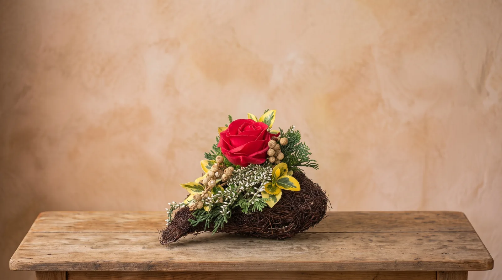 Natur-Herzgesteck mit roter Rose